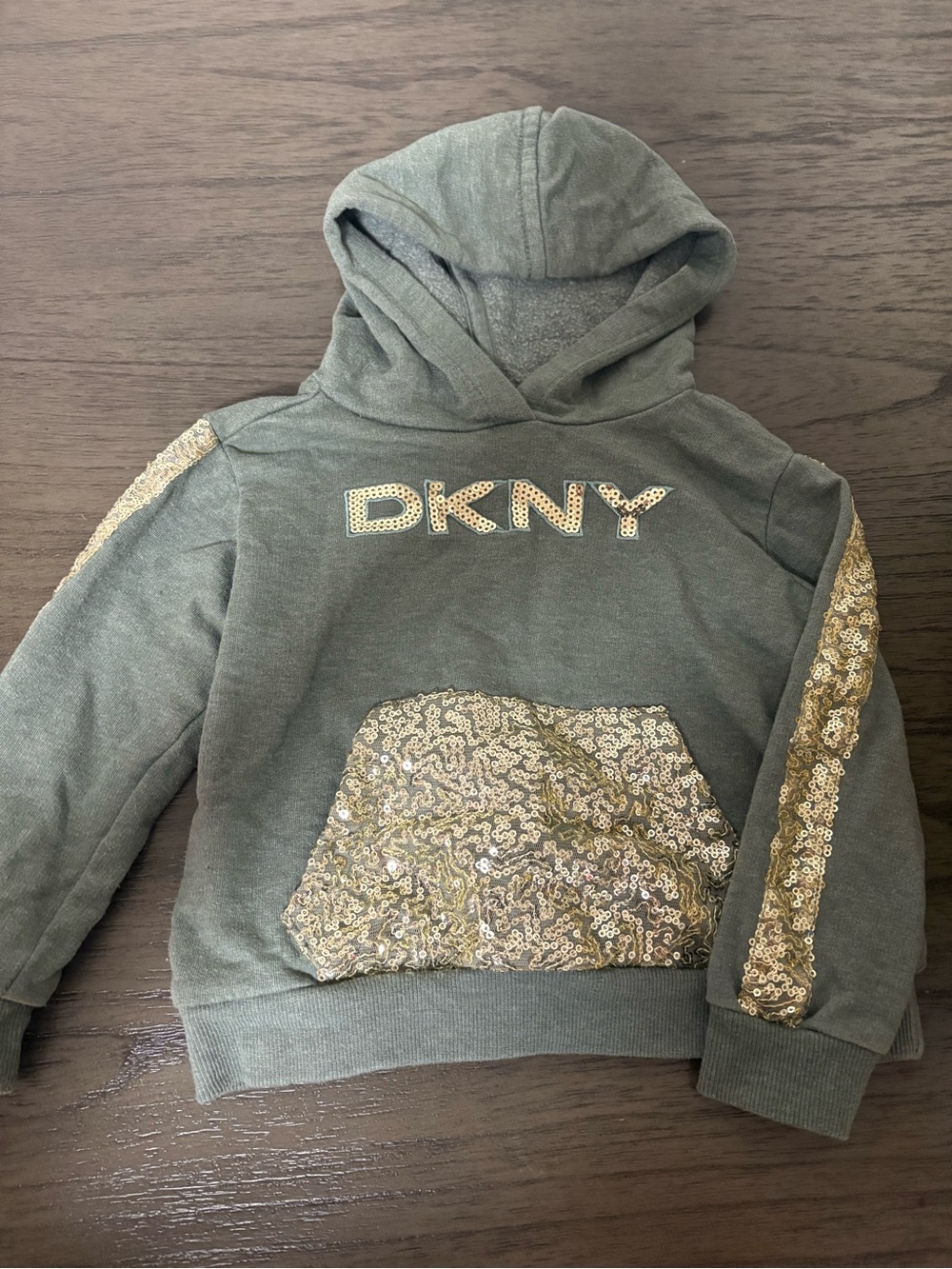 DKNY Olive Green Hoodie with Gold Sequin Accents